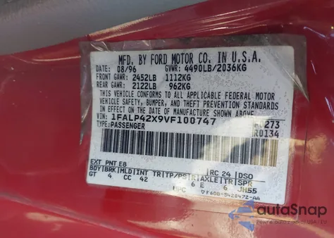 1997 Ford Mustang Gt z USA, uszkodzony, nr VIN 1FALP42X9VF100747